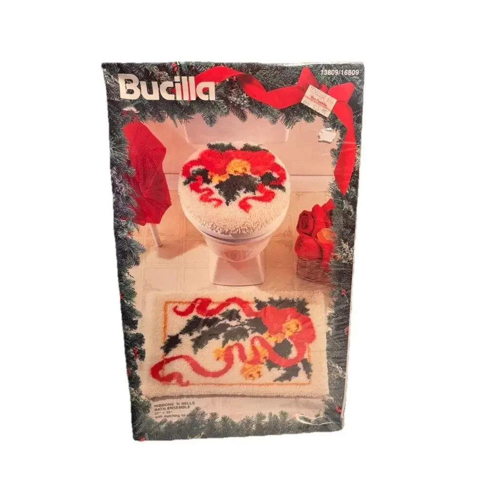 New Bucilla Christmas Latch Hook Kit Jolly Bath rug toilet seat cover 1994 Bells